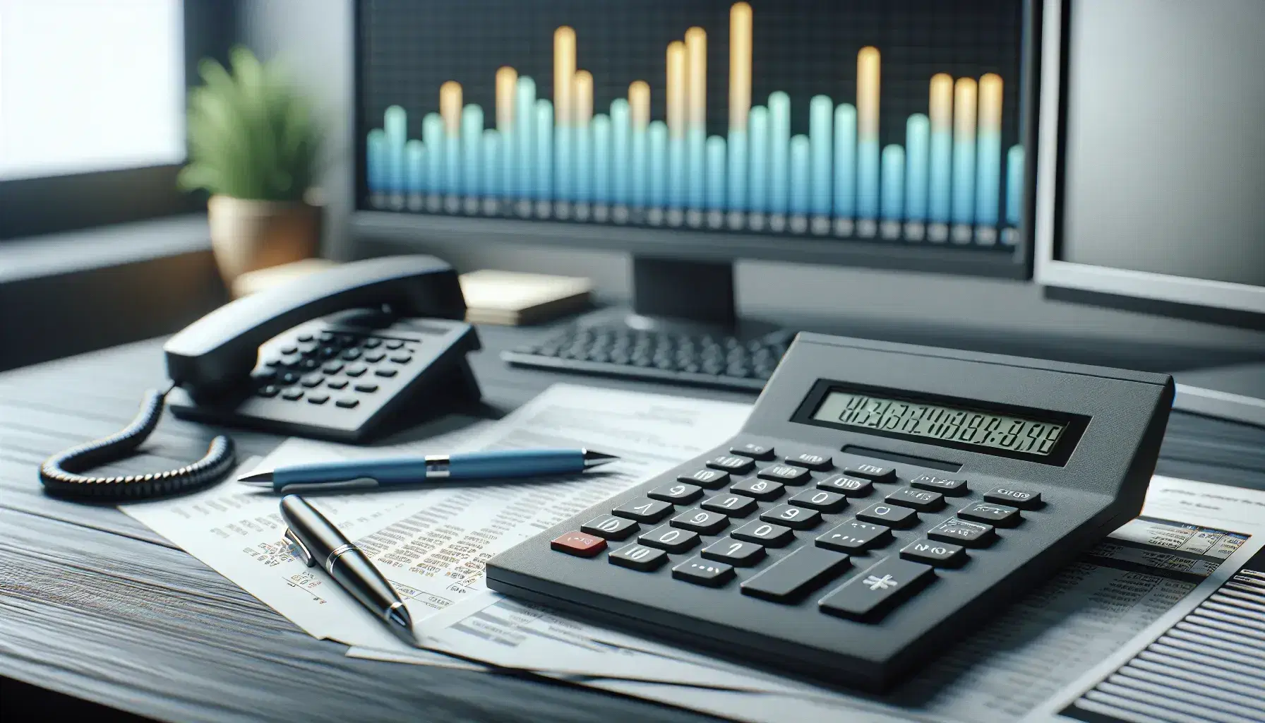 Escritorio de oficina con calculadora gris apagada, teléfono fijo negro, papeles organizados, bolígrafo azul y gráficos de barras en pantalla de computadora.