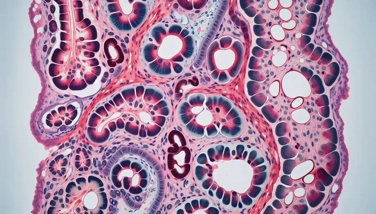 Vista microscópica de tejido renal humano con tinción histológica mostrando secciones de túbulos renales y estructuras glomerulares en tonos rosados y azules.