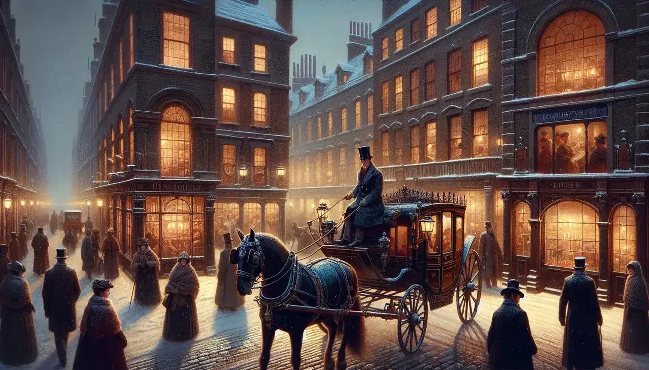Victorian London street on Christmas Eve with a horse-drawn carriage, diverse pedestrians in period attire, and snow-covered cobblestones under street lamps.