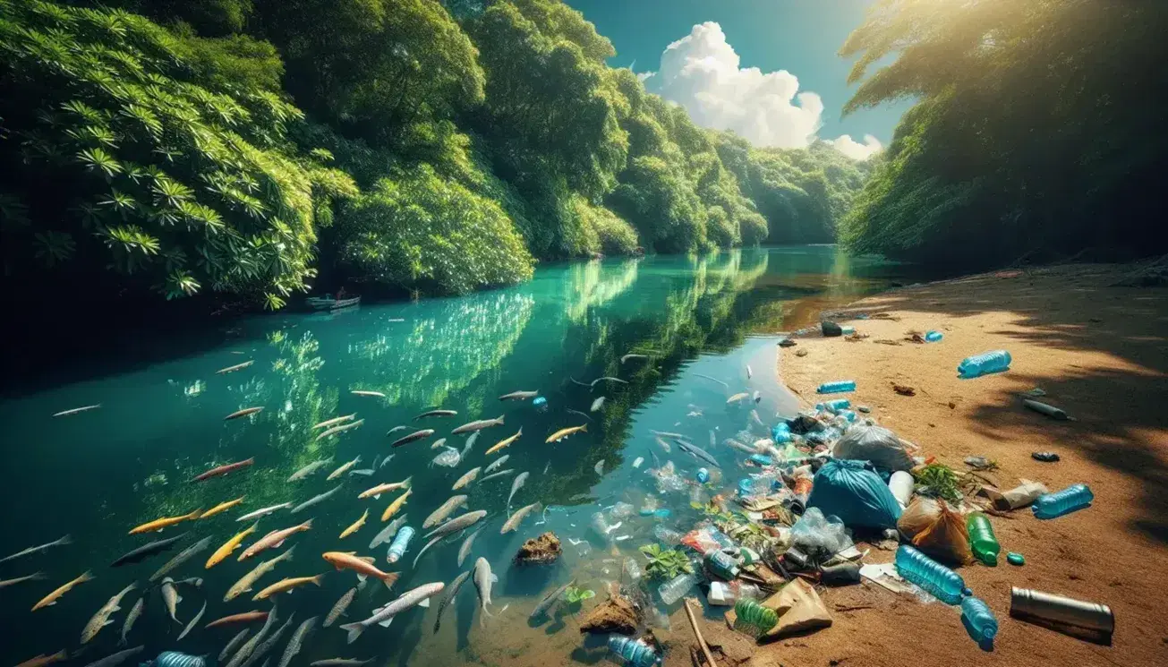 Fiume serpeggiante con acque azzurro-verdi, rifiuti plastici sulla sponda, pesci nuotanti e pescatore in lontananza sotto cielo azzurro.
