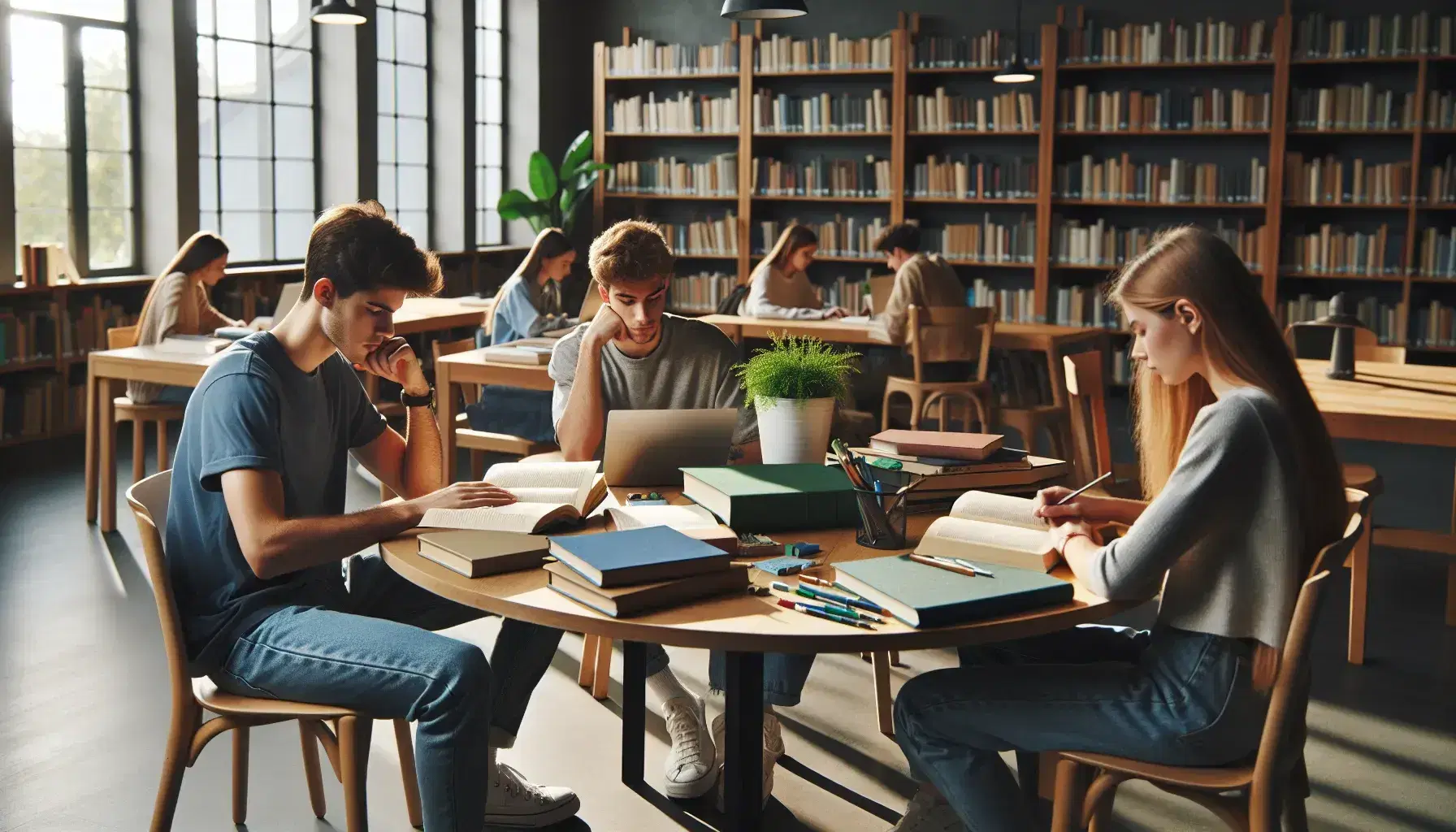 Tres estudiantes estudian en una biblioteca iluminada con luz natural, rodeados de libros y materiales de estudio, con una planta verde al centro.