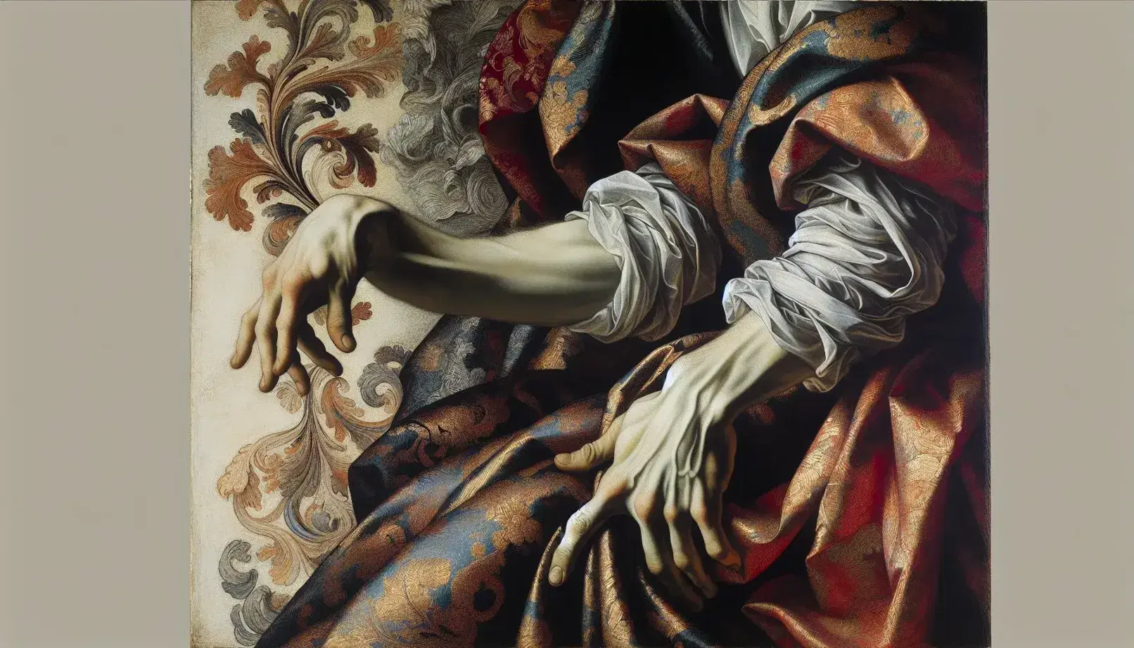 Dettaglio di dipinto manierista con figura umana in posa contorta, pelle pallida, capelli fluttuanti e abiti ricchi dai colori intensi.