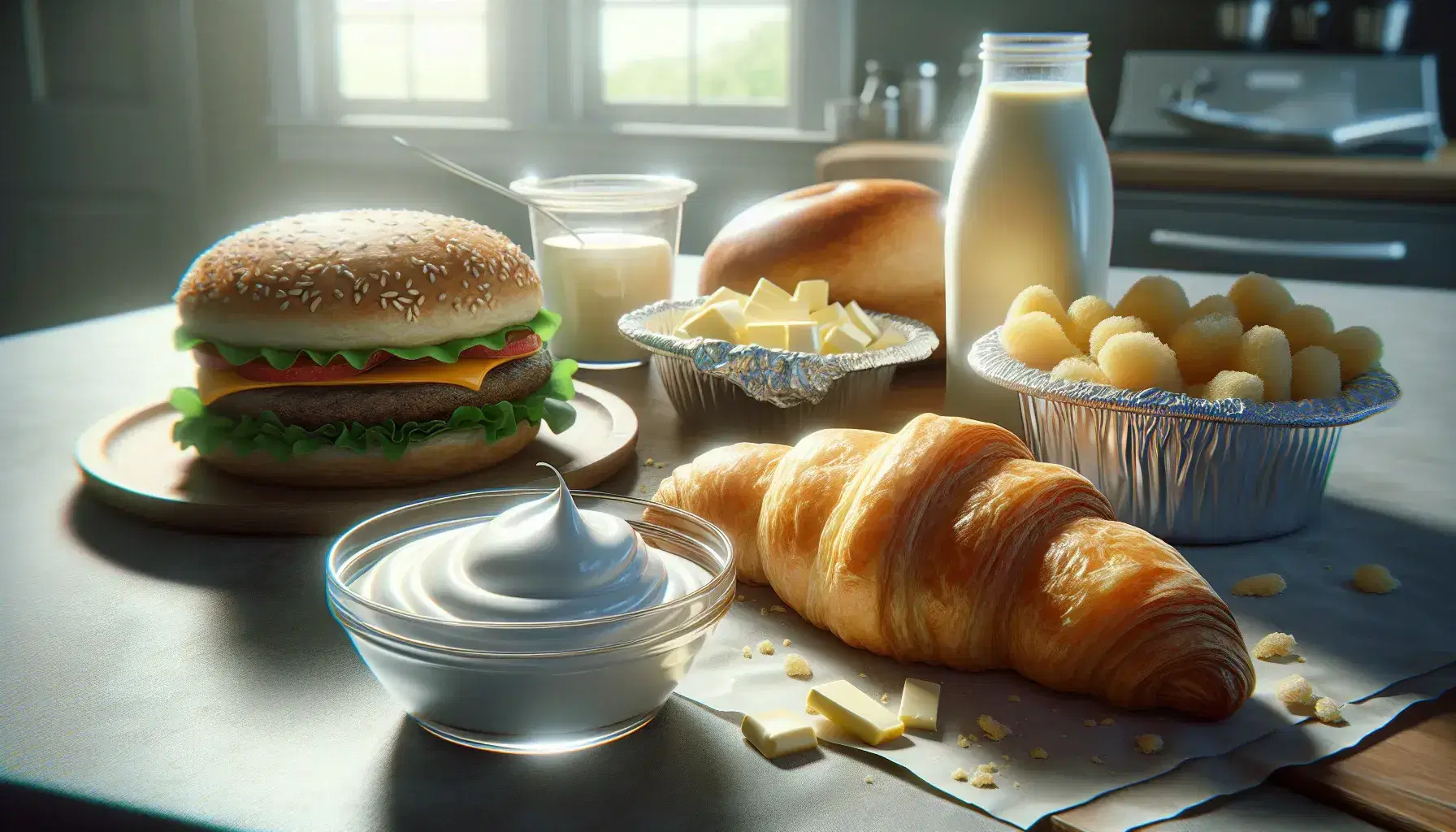 Close-up of foods containing trans fatty acids: golden croissant, margarine in bowl, packaged hamburger and vegetable shortening in jar.