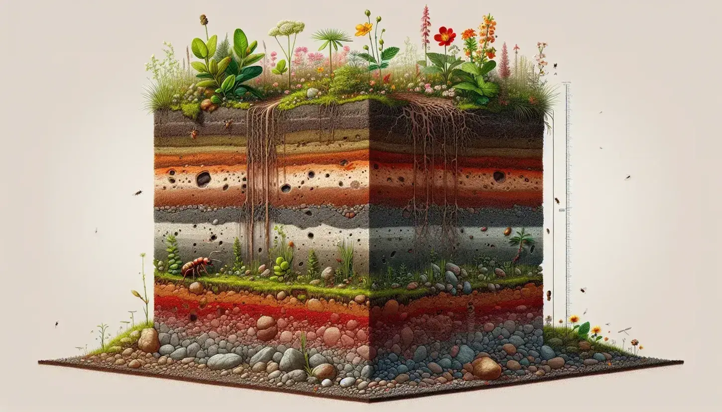 Sección transversal de suelo mostrando vegetación verde con flores coloridas, capa rica en materia orgánica con raíces y fauna, estratos de suelo variados y cielo azul claro.