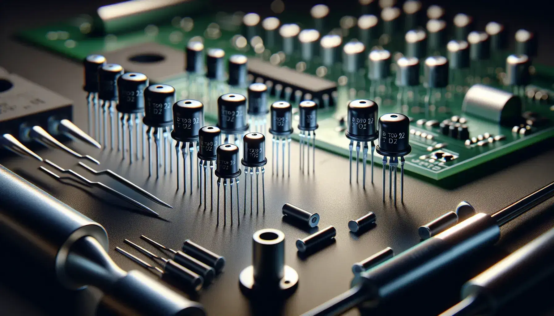 Transistor BJT tipo TO-92 su superficie antistatica con terminali metallici e PCB verde pronto per il montaggio, saldatore e stagno sullo sfondo.