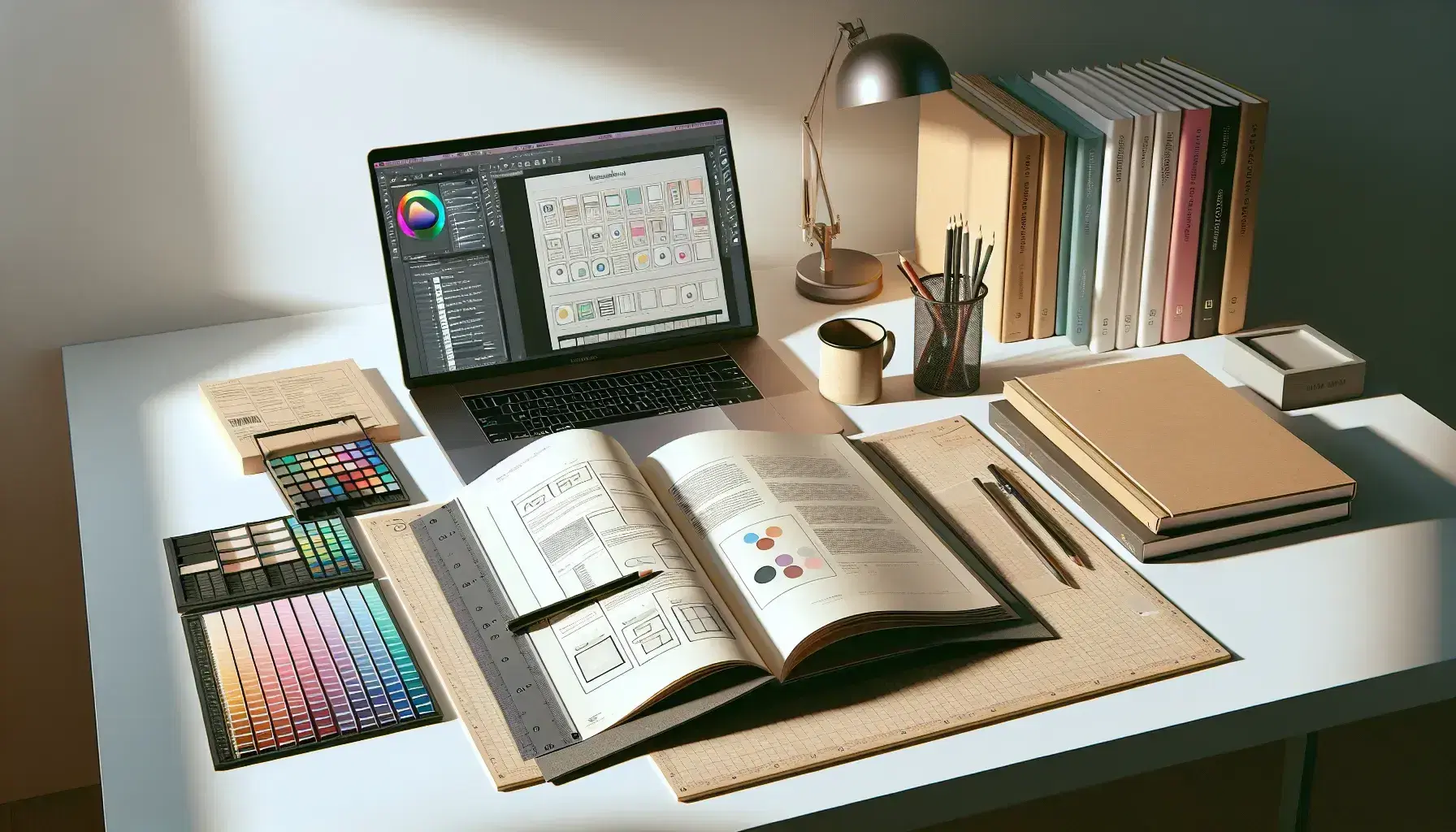 Mesa de trabajo iluminada con libro abierto, regla metálica, lápiz mecánico, paleta de colores y laptop con software de diseño gráfico.