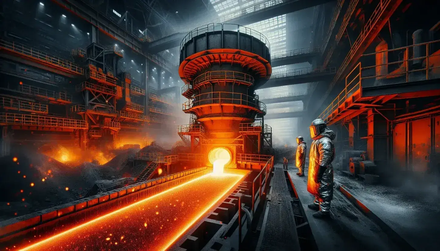 Crucible naranja vertiendo acero fundido en molde con trabajadores en trajes protectores supervisando en planta siderúrgica.