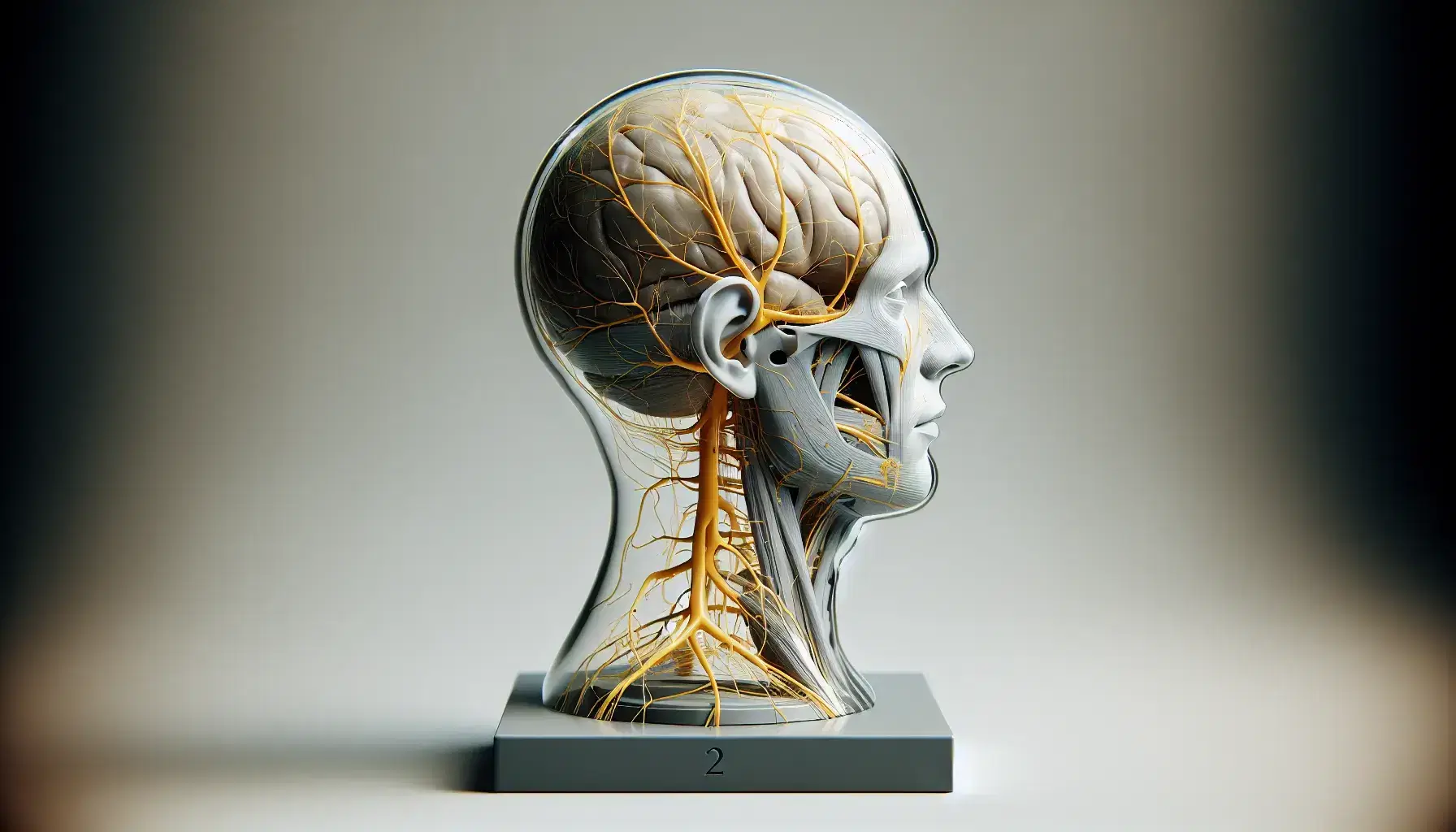 Modelo anatómico transparente de cabeza humana mostrando la red de nervios en amarillo, destacando el nervio facial y sus ramificaciones hacia el rostro y cuello.