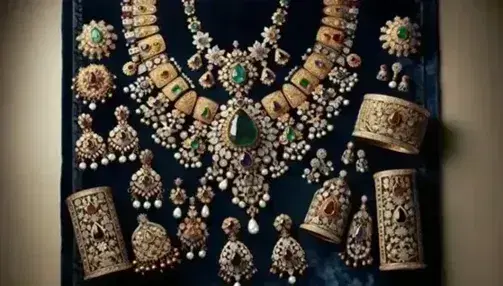 Mughal jewelry collection on dark blue velvet, featuring a gold necklace with emerald centerpiece, ruby-studded earrings, bangles, and a carved jewel box.