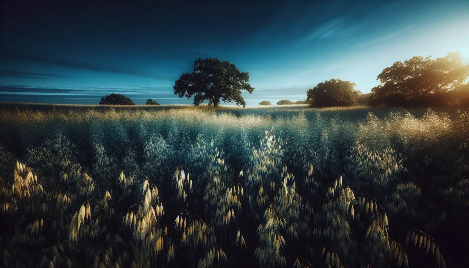 Wild oats field with varying growth stages under a clear blue sky, featuring a lone oak tree on the horizon, conveying natural serenity.