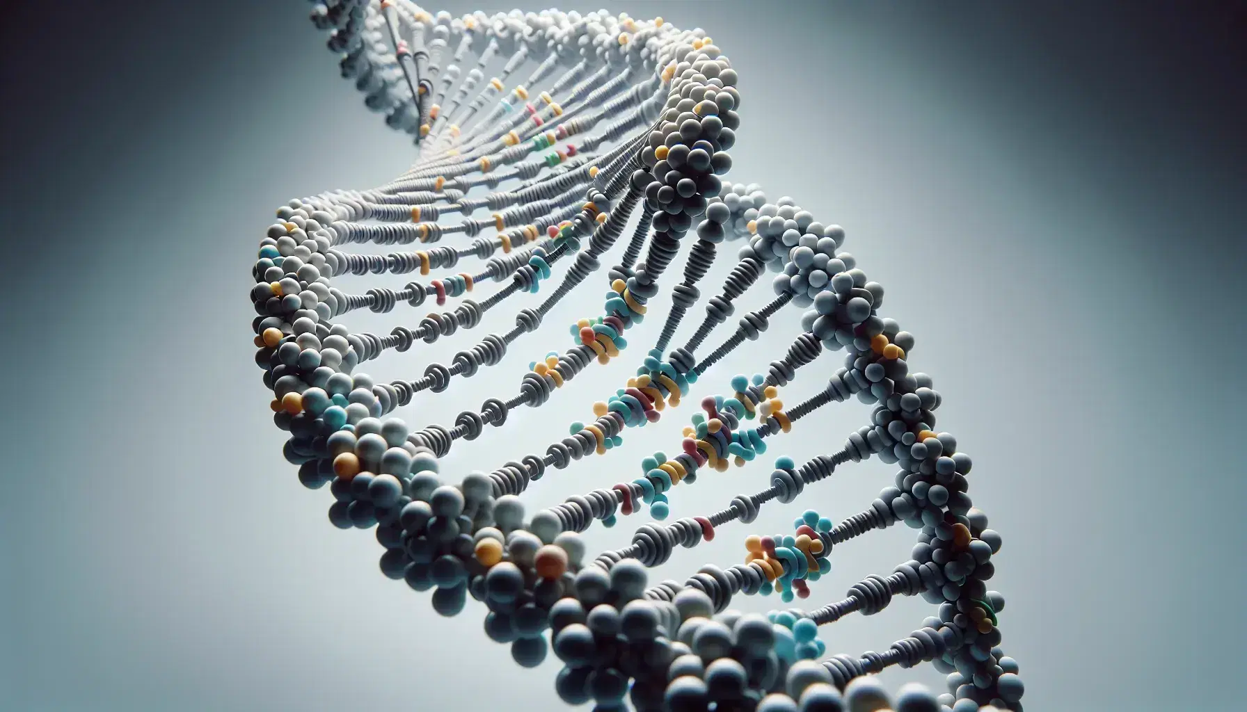Detailed 3D DNA double helix model with metallic sugar-phosphate backbone and color-coded base pairs against a soft gradient background.