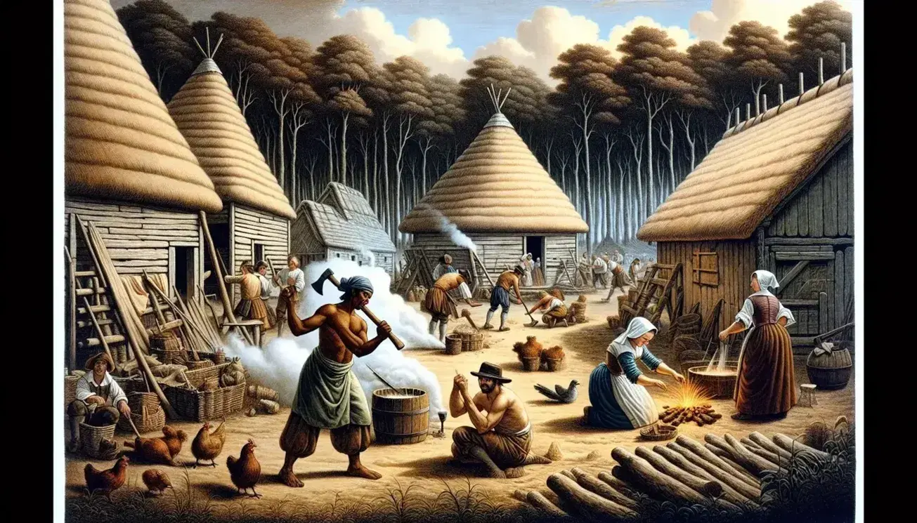 Early 17th-century Jamestown settlers engaged in daily tasks, with wooden thatched-roof buildings, domestic animals, and a forest backdrop under a clear sky.