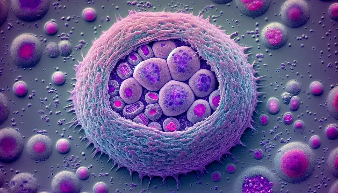 Vista microscópica de célula humana en interfasa con núcleo violeta destacado, cromatina y orgánulos en tonos suaves, sobre fondo oscuro.