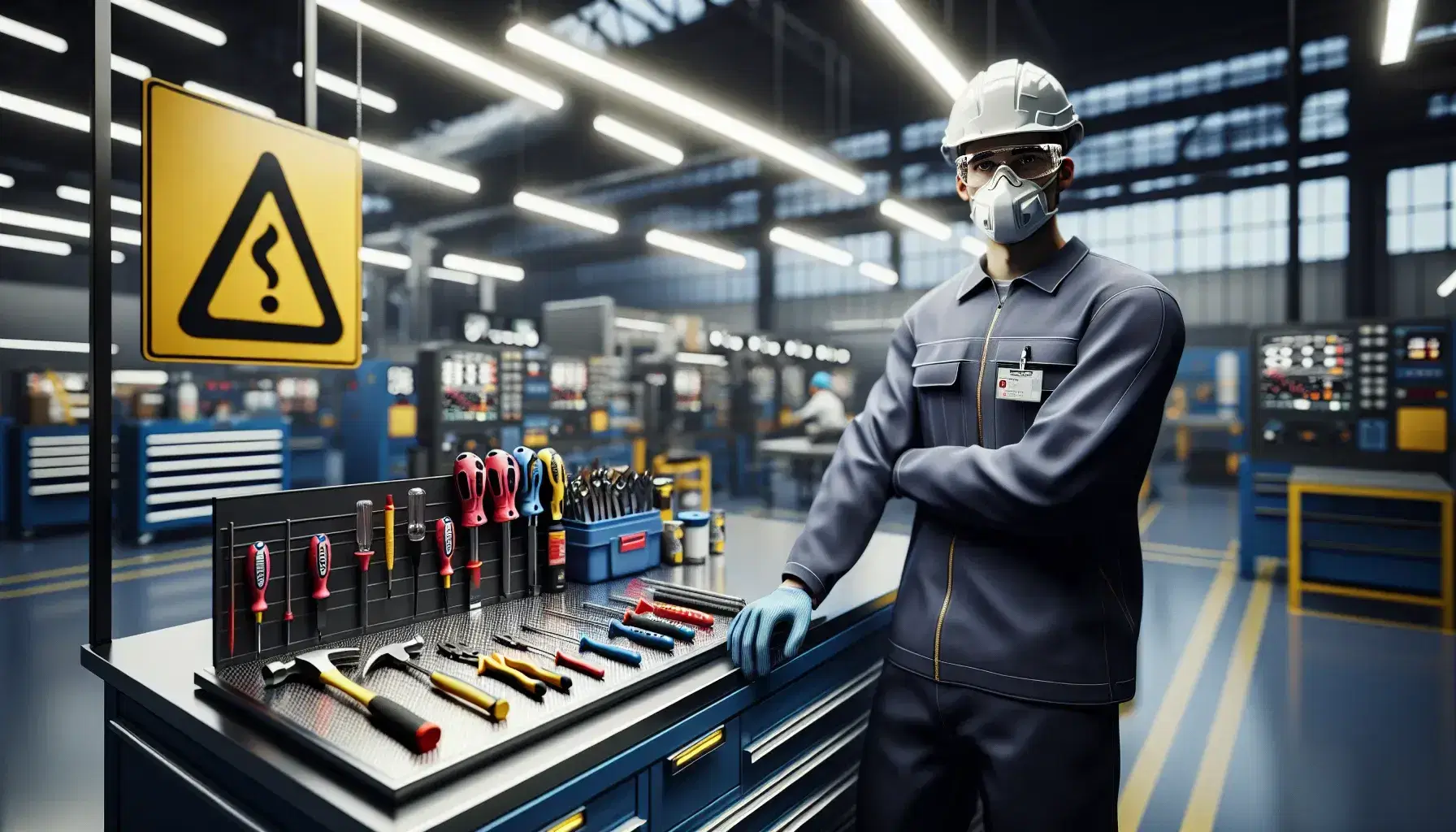 Trabajador con casco y gafas de seguridad junto a mesa de trabajo con herramientas en entorno industrial, destacando la seguridad y organización.