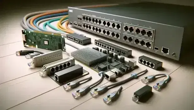 Componenti di rete su superficie in legno chiaro con scheda di rete, ripetitore, ponte, hub e switch collegati da cavi Ethernet.