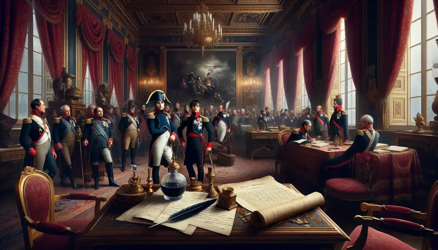 Napoleone Bonaparte in uniforme militare con consiglieri in un palazzo storico, tra arredi antichi e documenti strategici illuminati da luce soffusa.