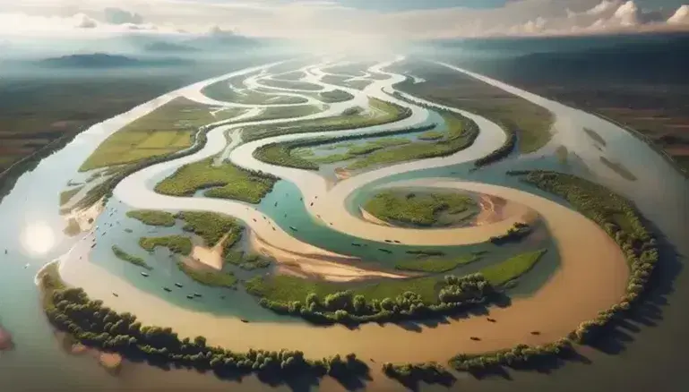 Vista aerea del fiume Po che serpeggia nel paesaggio italiano, con rive verdi e riflessi scintillanti sull'acqua marrone chiaro.