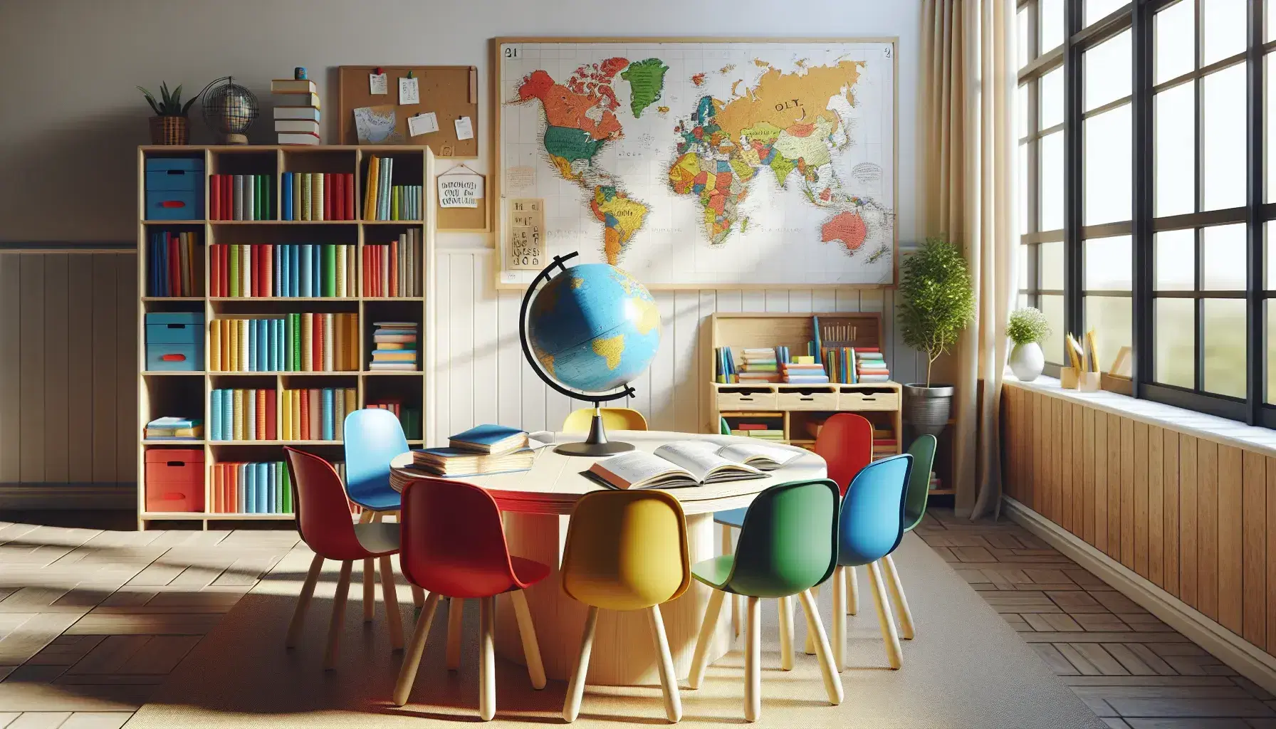 Aula escolar colorida con mesa redonda de madera, sillas plásticas roja, azul, verde y amarilla, libros abiertos, globo terráqueo y estantería con libros.