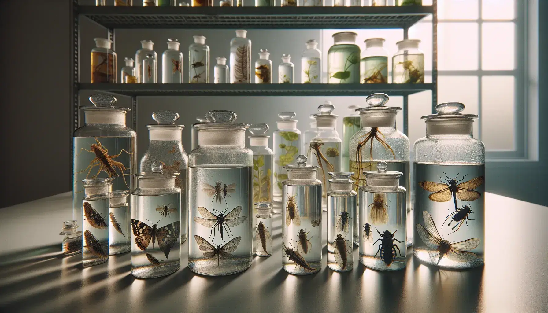Colección de frascos de vidrio con especímenes biológicos preservados en laboratorio, incluyendo insectos, peces y hojas, en una mesa con iluminación suave.