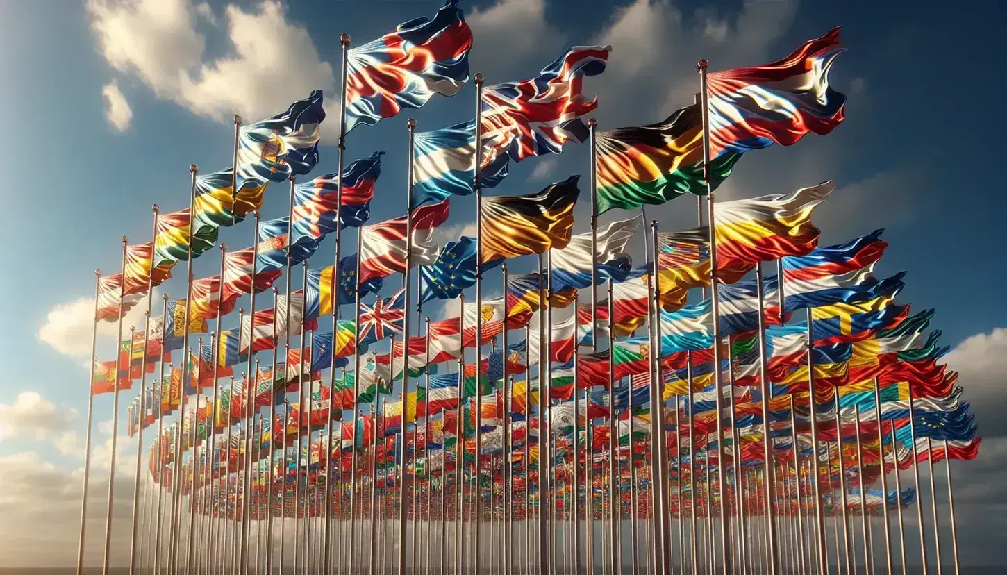 Banderas europeas ondeando al viento en fila horizontal bajo un cielo azul con nubes dispersas, iluminadas por el sol.