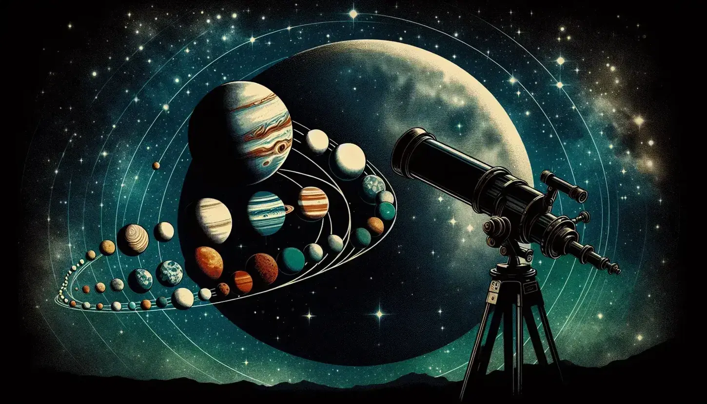 Cielo nocturno estrellado con representación artística del sistema solar alineado y telescopio antiguo apuntando hacia las estrellas.