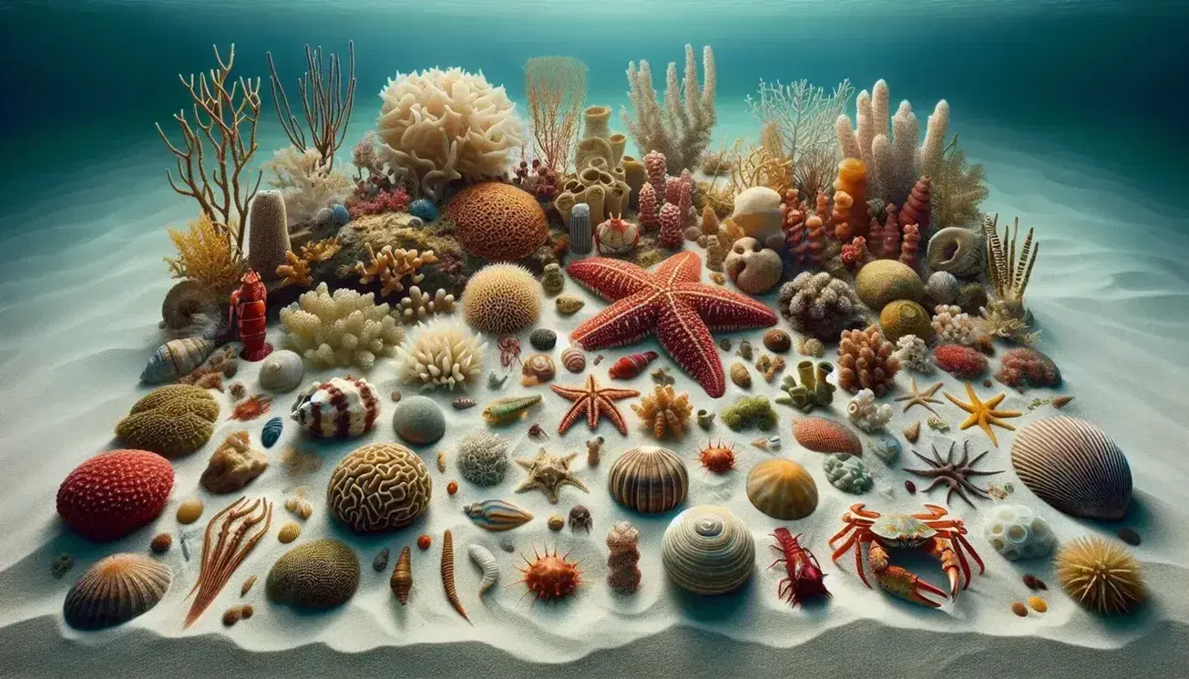 Vita marina con stella marina arancione, coralli, mollusco a spirale e granchio su sabbia bianca, illuminati dalla luce naturale sott'acqua.