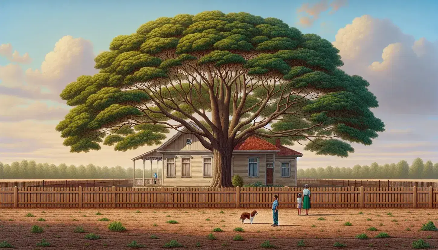 Árbol frondoso con tronco oscuro y hojas verdes, tres personas y un perro junto a valla de madera, casa de un piso con techo rojo y cielo azul con nubes.