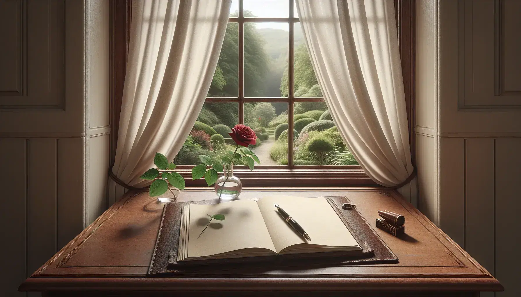 Vintage wooden writing desk with open leather journal, black fountain pen, and single red rose in a glass vase, set against a window with sheer curtains and a garden view.
