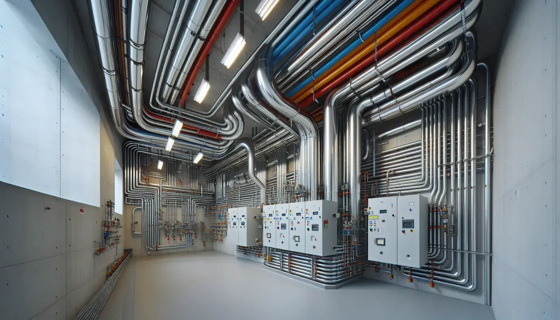 Complesso di tubature colorate e condotti metallici nel vano tecnico di un edificio moderno, con dispositivi bianchi simili a caldaie.