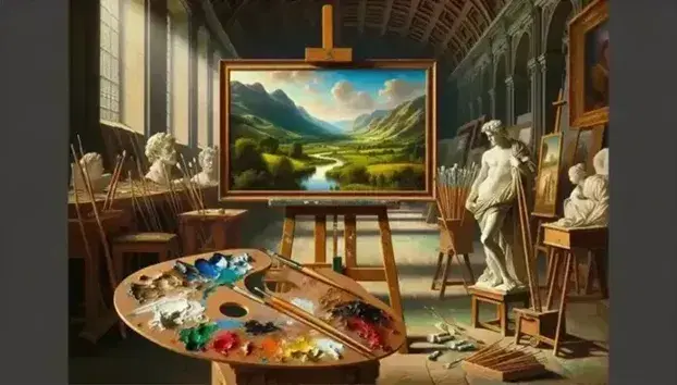 Renaissance artist's workshop with an easel displaying an unfinished landscape painting, a sculptor's stand with a marble figure, and a table with ancient instruments.