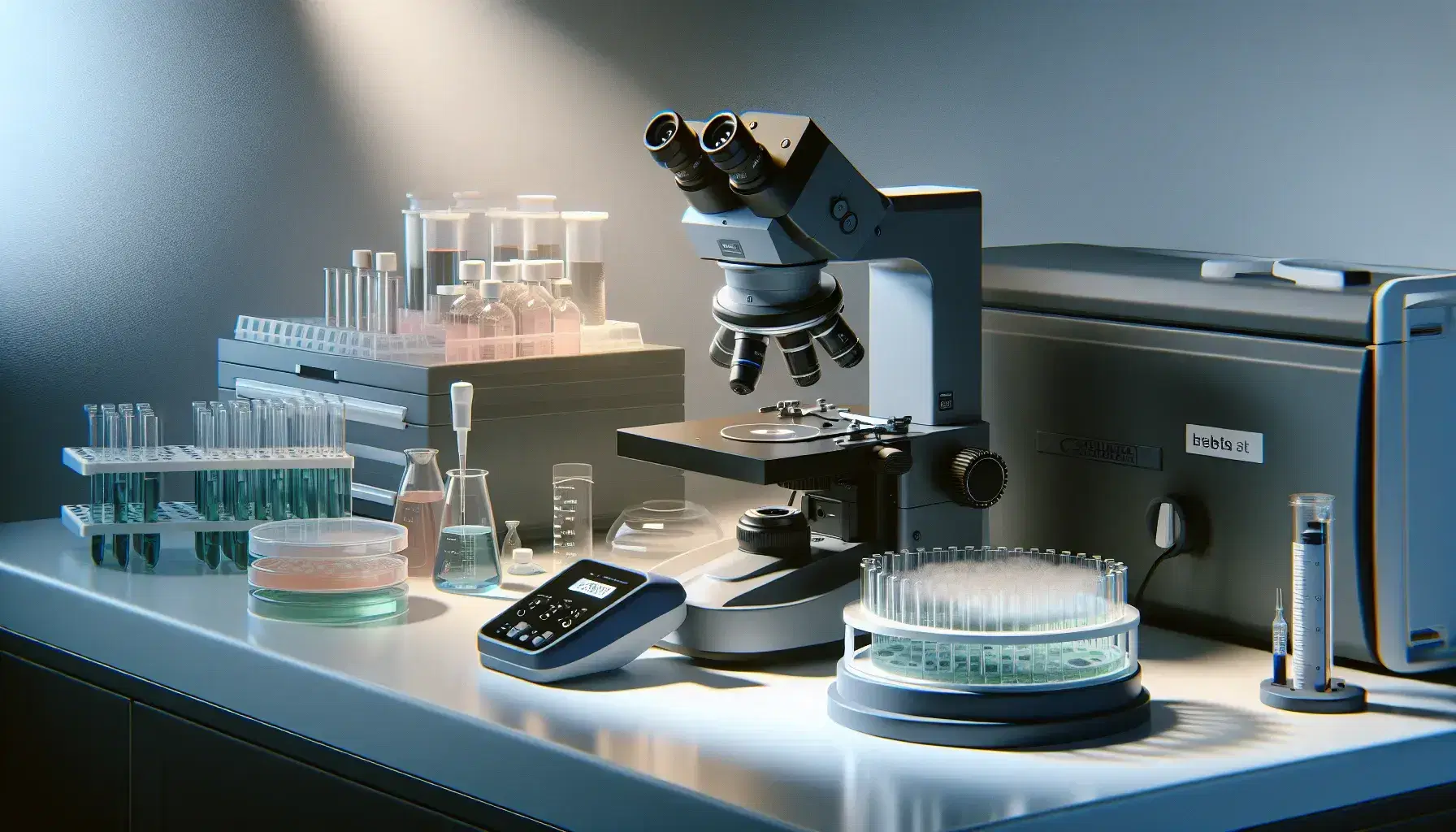 Microscopio elettronico grigio scuro su tavolo con provette, pipetta automatica blu e piastra Petri con colture batteriche in laboratorio scientifico.
