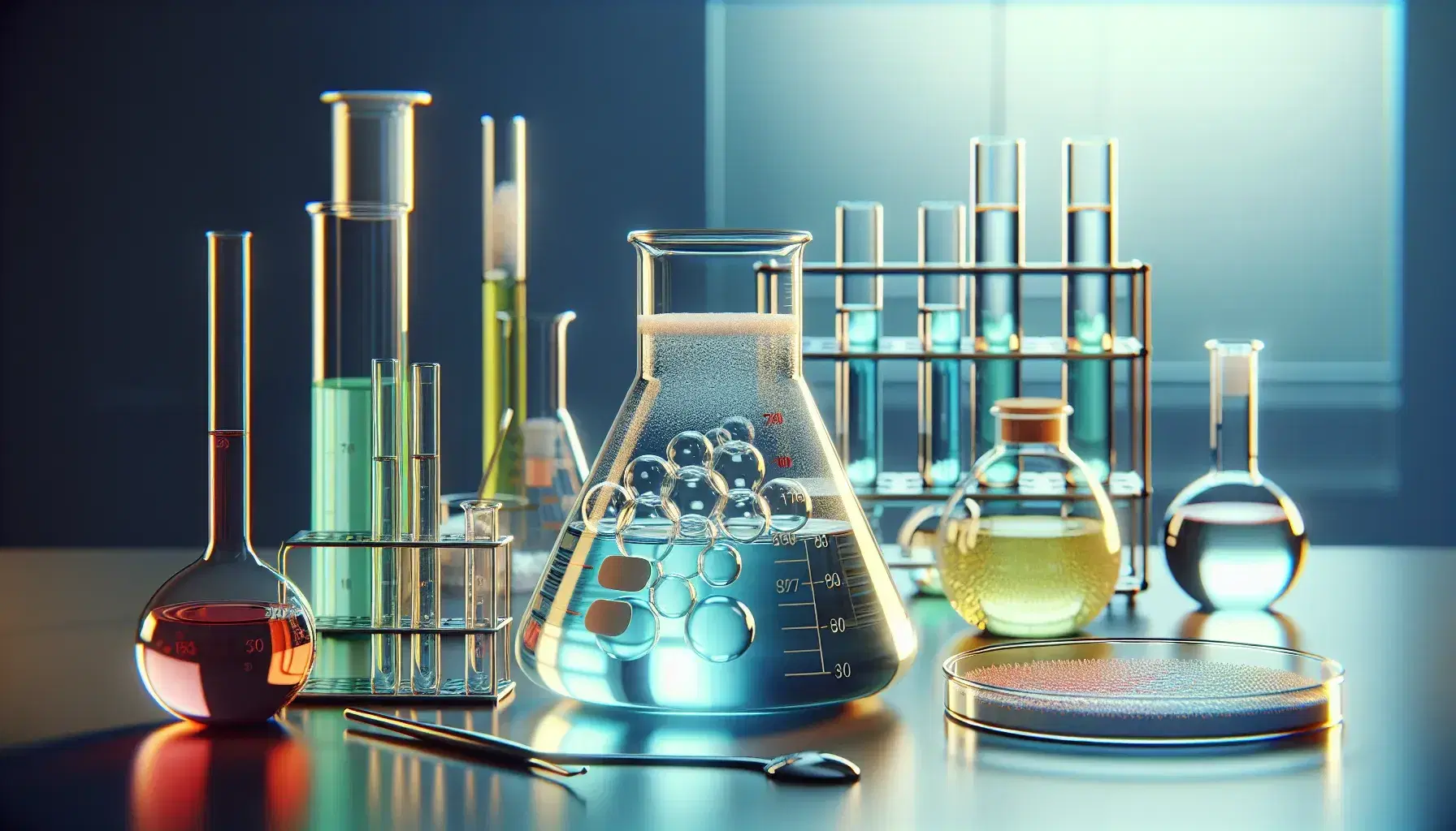 Laboratorio con Erlenmeyer de líquido azul burbujeante, probeta con sustancia roja, beaker amarillo, cilindros graduados con líquidos de colores, Petri con gel rosa y polvo blanco.