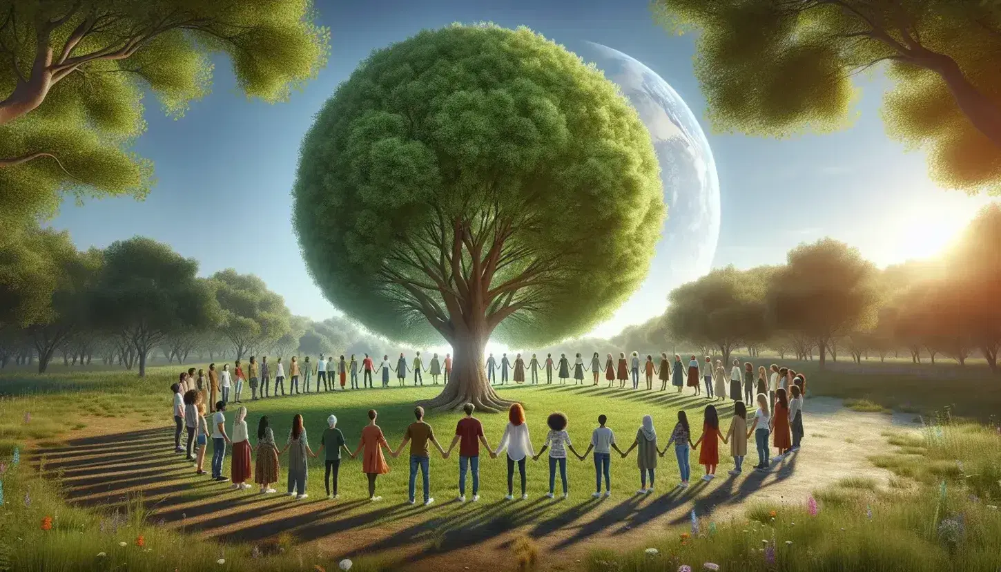 Grupo diverso de personas unidas de la mano en círculo alrededor de un árbol frondoso en un parque, bajo un cielo despejado, simbolizando unidad y conexión con la naturaleza.