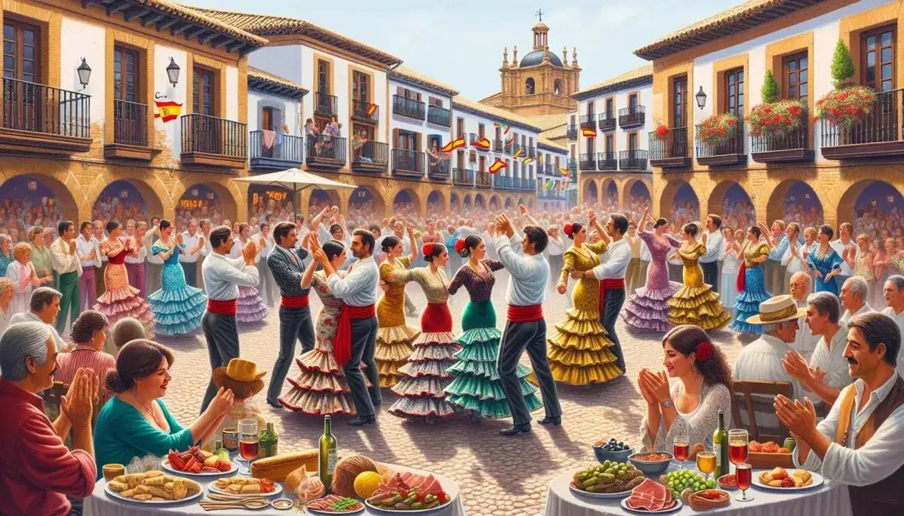 Lively Spanish festival with traditional dancers in colorful attire, onlookers clapping, and a table of tapas in a quaint town square.