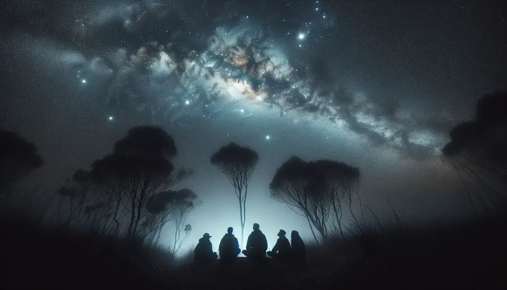 Tres personas sentadas en la naturaleza observan un cielo estrellado sin luna con la Vía Láctea visible, rodeadas de siluetas de árboles.