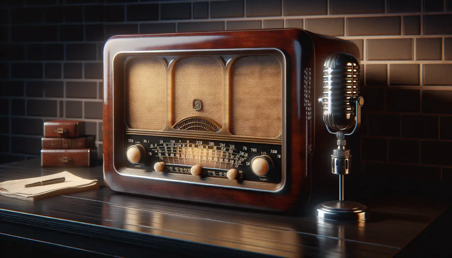 Radio d'epoca in legno su tavolo scuro con microfono vintage cromato, sfondo di mattoni rossi sfocati, senza testi leggibili.