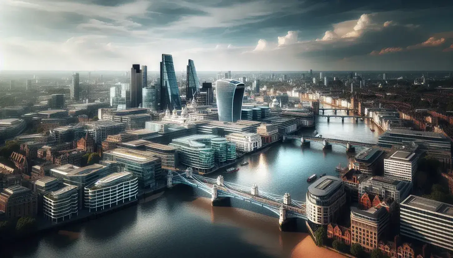 Veduta aerea del paesaggio urbano di Londra con il Tamigi, grattacieli moderni, ponte sospeso e aree verdi in lontananza.