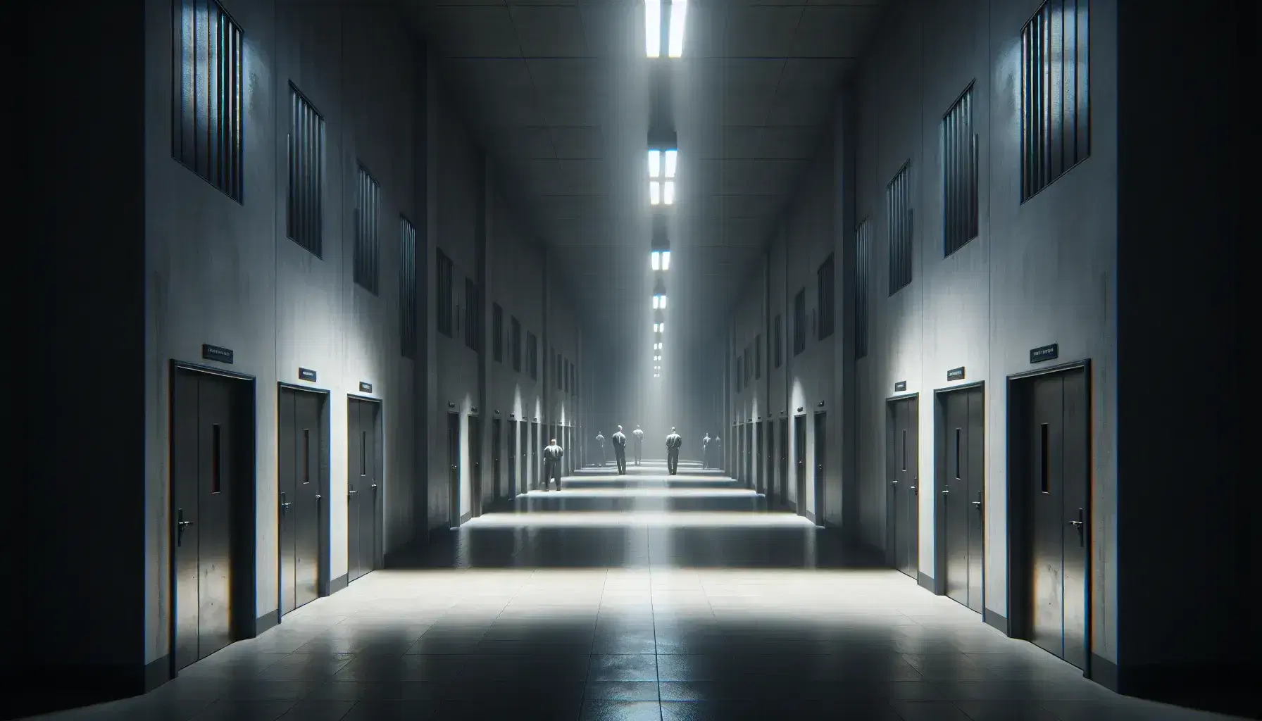 Fluorescently lit institutional corridor with closed metal doors, two uniformed figures face each other at the end.