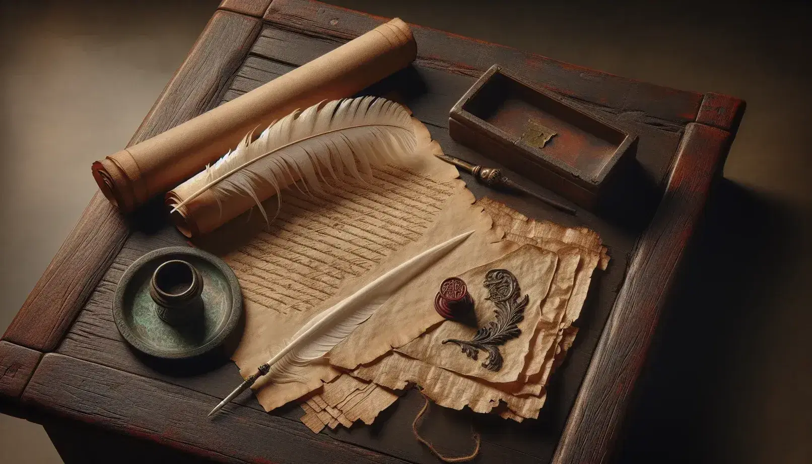 Scrivania antica in legno scuro con pergamena, sigillo in cera, penna d'oca e calamaio in bronzo, accanto a fogli di papiro e frammento di marmo.