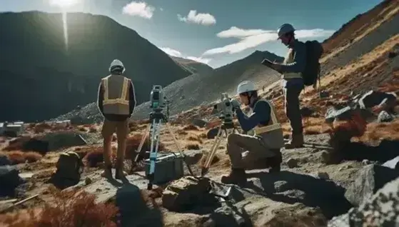 Equipo de tres ingenieros con cascos y chalecos reflectantes trabajando en terreno rocoso con montaña al fondo, usando teodolito y GPS bajo cielo azul.