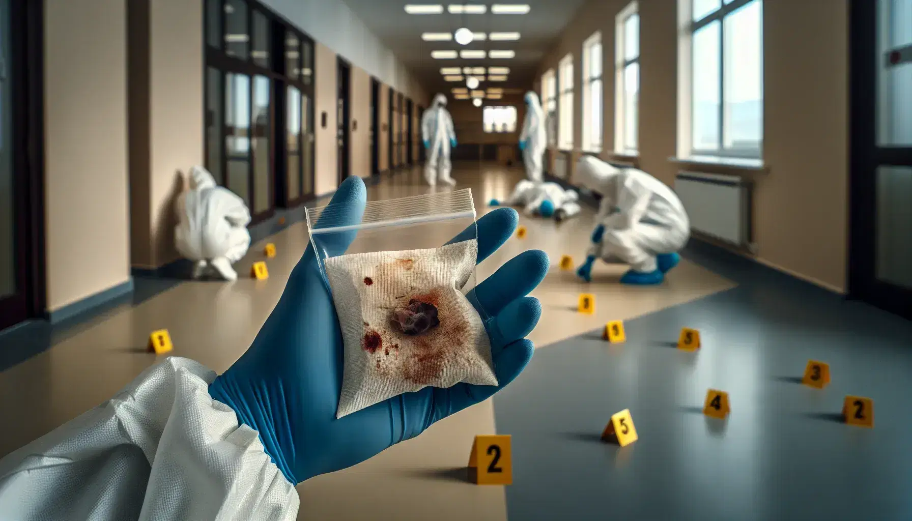 Forensic investigation in progress with gloved hands holding bag with trace of blood, investigators in white suits and yellow markers on the floor.