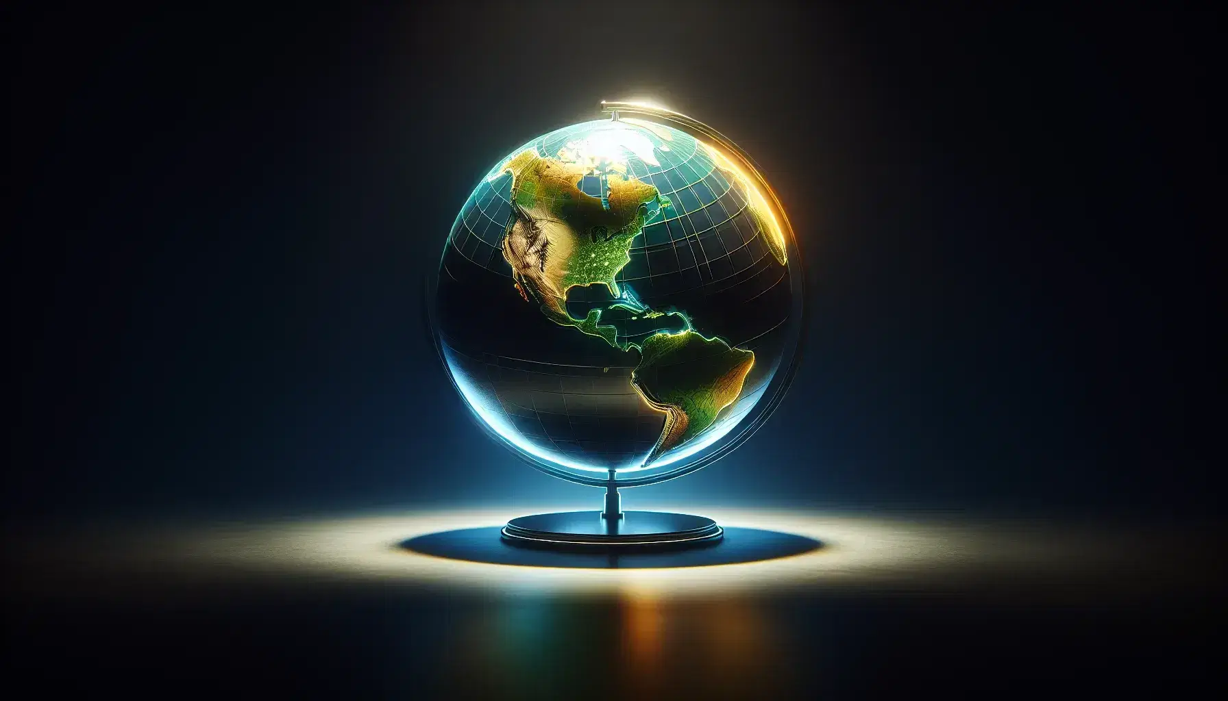 Globo terrestre tridimensionale luminoso con continenti in rilievo su sfondo scuro, senza iscrizioni, in primo piano.