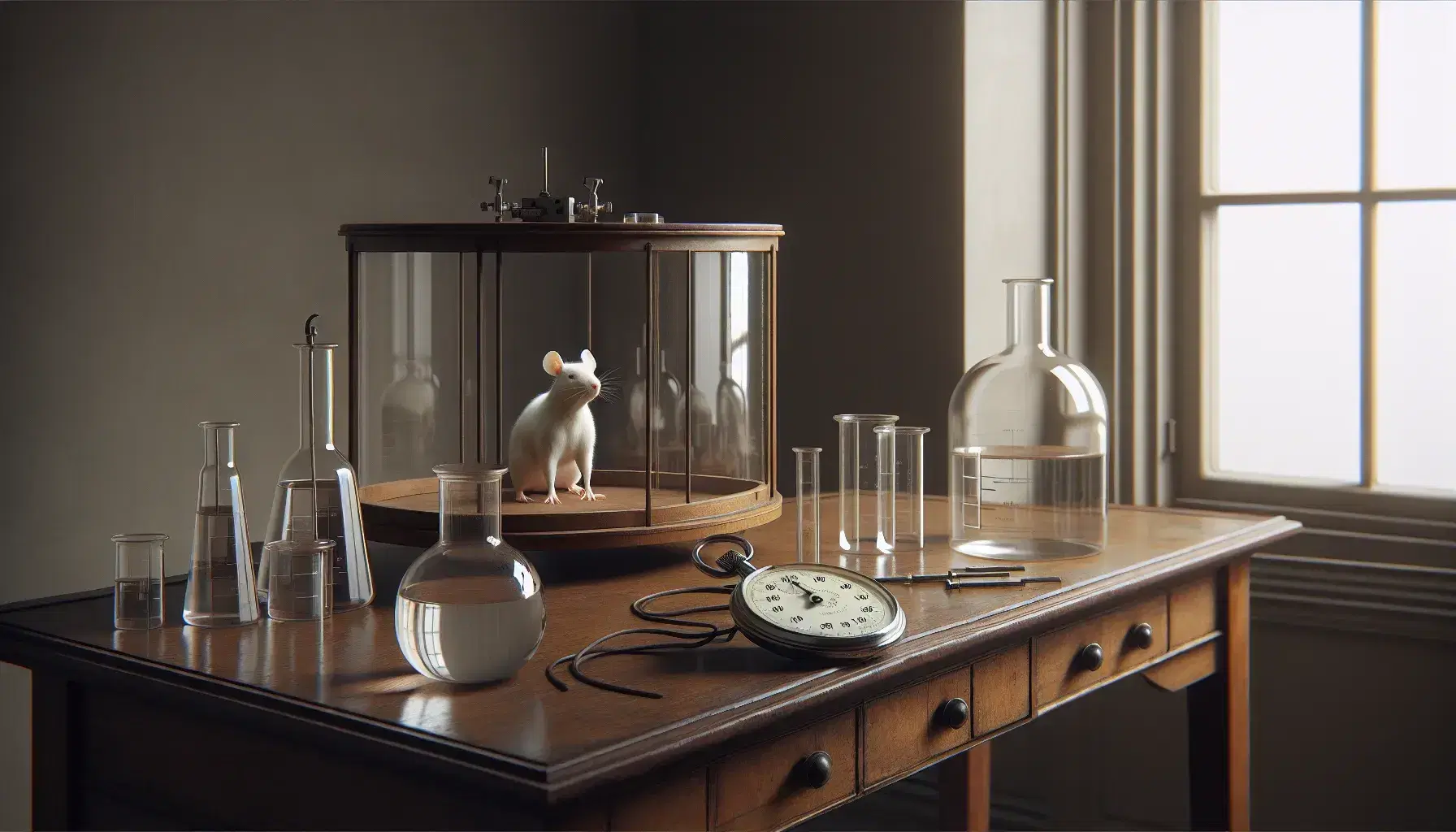 Vintage early 20th century laboratory with wooden table, glass beaker, mechanical stopwatch and white rat in glass cage.