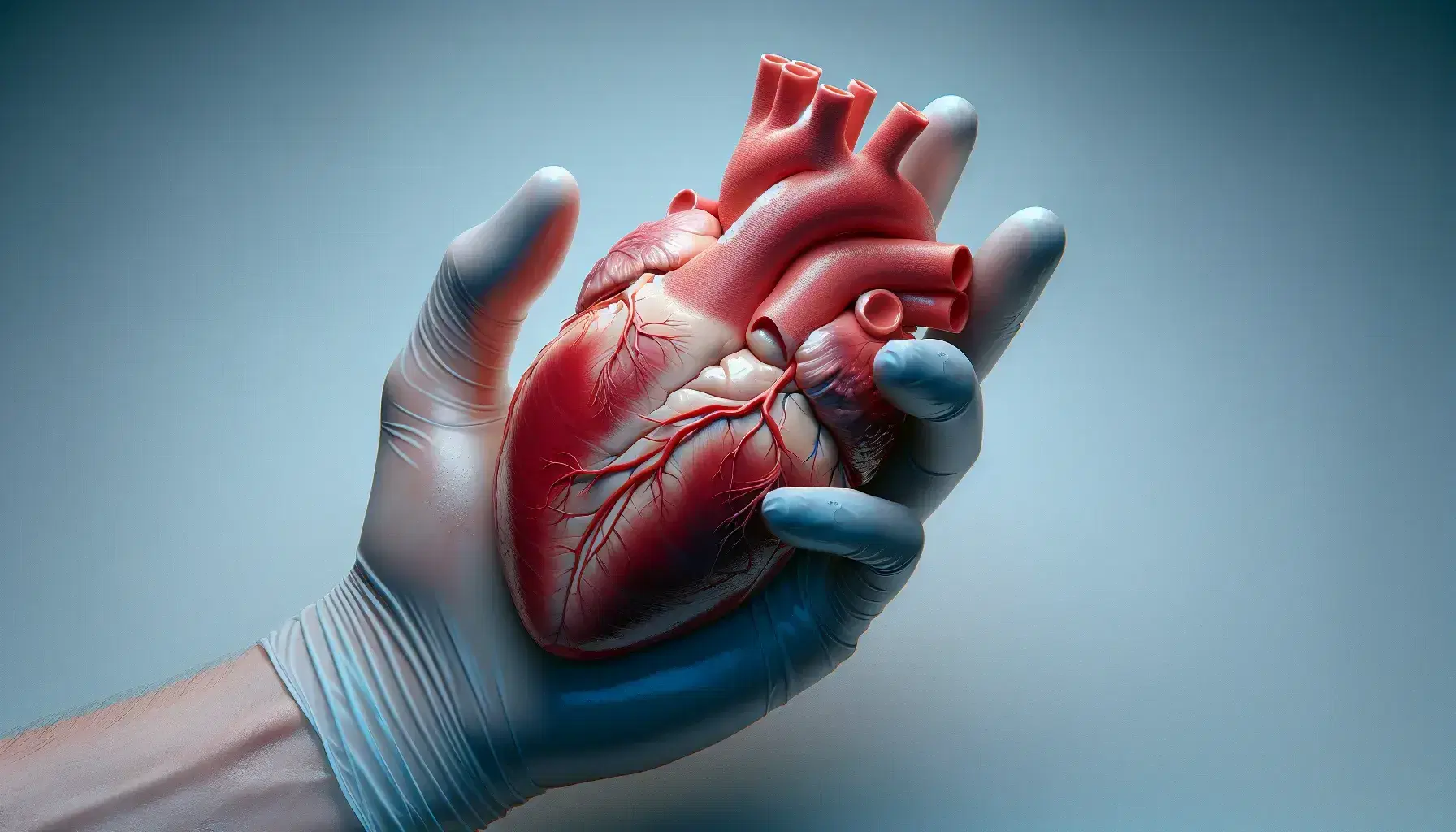 Mano con guantes de látex sostiene un modelo anatómico detallado de corazón humano sobre fondo azul claro, destacando sus cámaras y vasos sanguíneos.