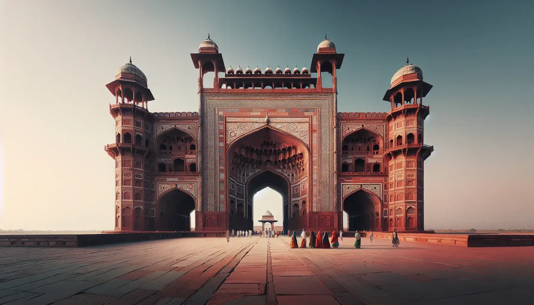 Buland Darwaza gateway at Fatehpur Sikri with intricate red sandstone carvings and marble inlays under a clear blue sky, dwarfing visitors below.