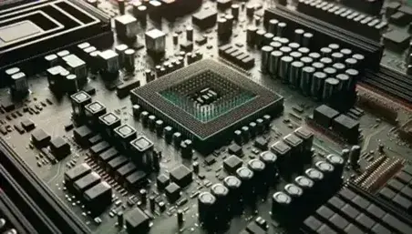 Close-up of a computer motherboard with CPU, integrated circuits, capacitors and memory slots on green circuit board.
