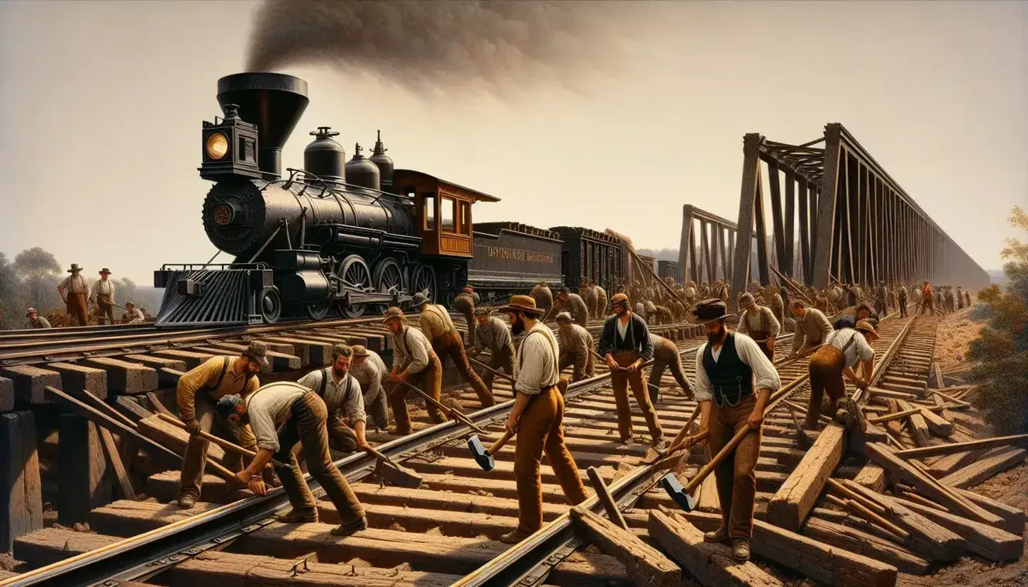 19th-century American railroad construction scene with workers laying tracks, a steam locomotive on finished rails, and a wooden trestle bridge over a river.