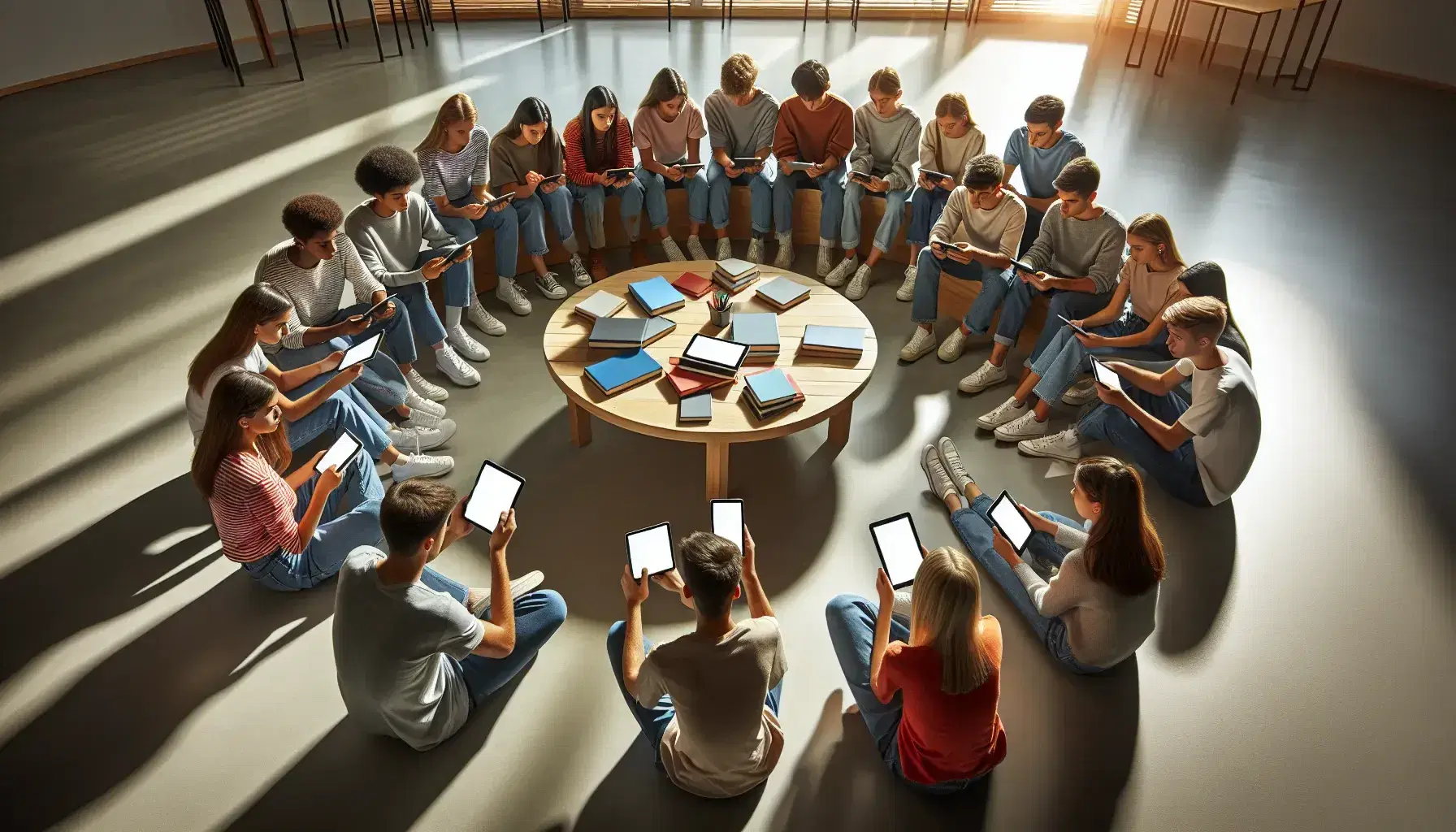 Estudiantes diversos sentados en círculo con dispositivos electrónicos en un aula iluminada naturalmente, interactuando en un ambiente educativo moderno y colaborativo.