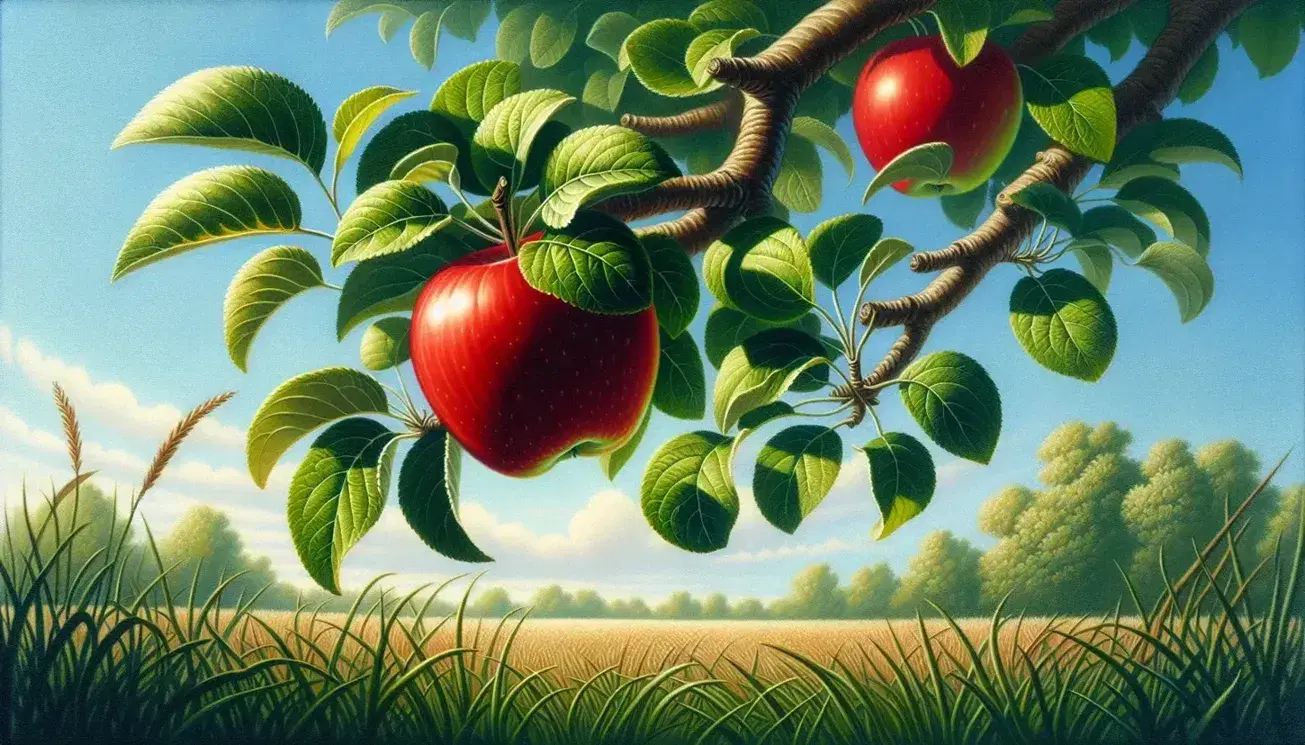 Ripe red apple on the verge of falling from a lush tree, reflecting sunlight on its glossy surface against a backdrop of clear blue sky and soft clouds.