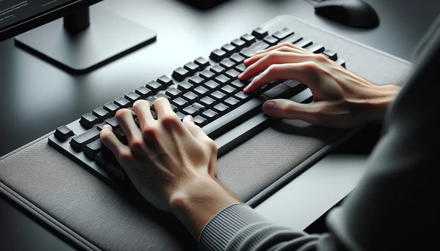 Hands with light complexion rest on matte black computer keyboard with no visible letters, resting on light gray palm rest, blurred office background.